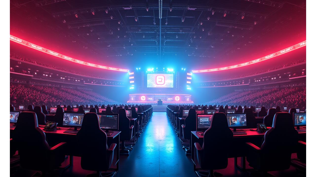 Büyük bir espor arenası sahne ve oyun istasyonları ile dolu