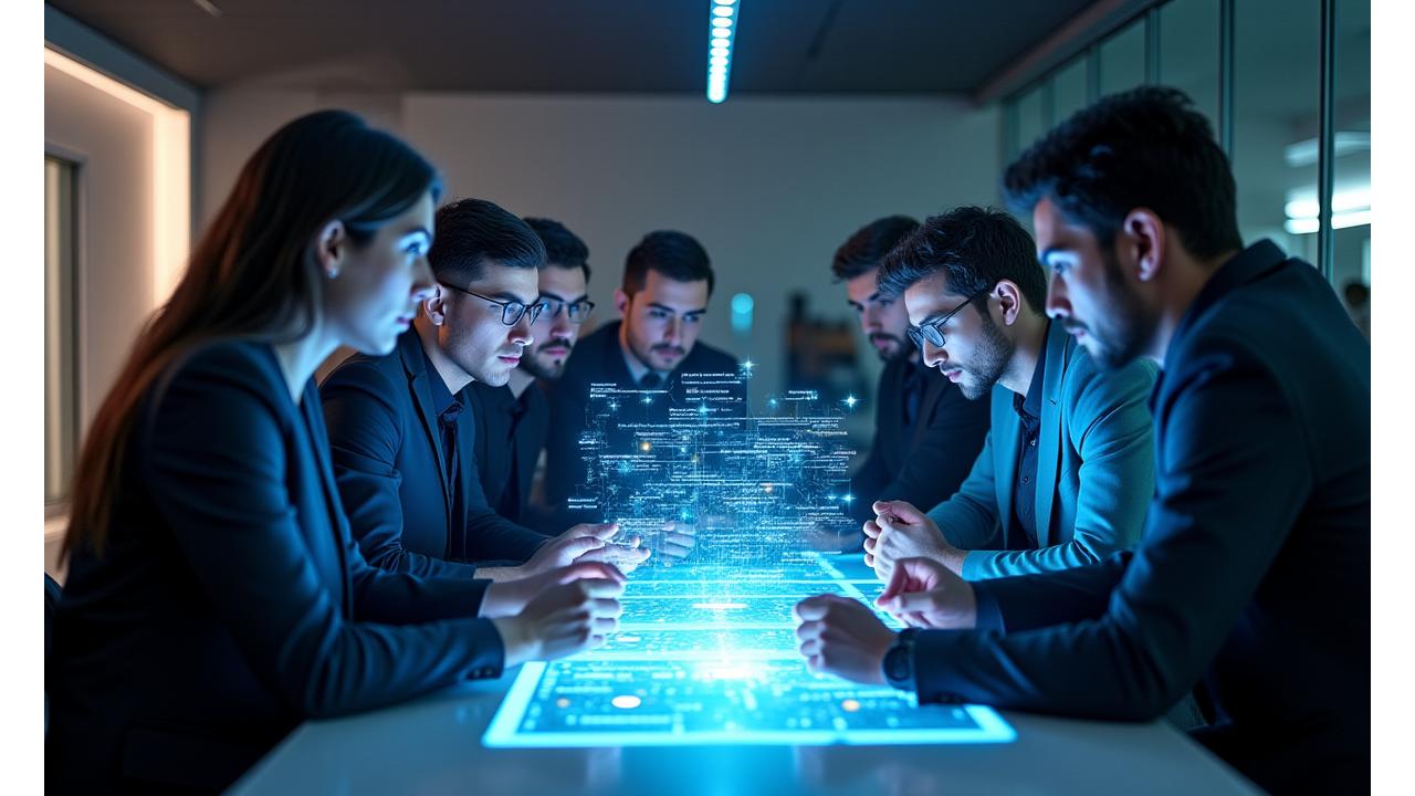 Oyun Kılıcı Stüdyoları ekibi, modern bir ofiste dijital dünyayı ve inovasyonu temsil eden holografik ekranlara bakıyor. Gaming teknolojisinin geleceği.