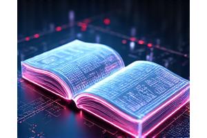 Bir hukuk kitabının modern, dijital bir arayüzle birleştiği soyut bir görsel. Kitapta açık bir sayfa, üzerinde kod satırları veya veri akışı sembolleri var, her şey neon mavi ve turuncu ışıklarla aydınlatılmış.