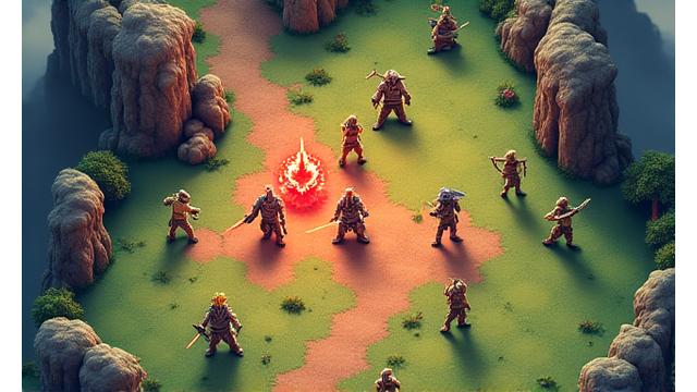 'Emberfall Tactics' adlı strateji oyunundan kuşbakışı bir savaş sahnesi. Fantasy temalı karakterler ve büyülü efektler içeriyor.