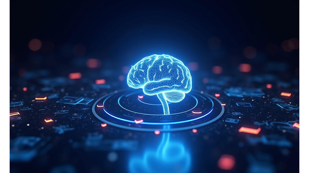 Destek botları ve otomasyonu temsil eden, pürüzsüz hatlarda soyut bir yapay zeka beyni ve onu çevreleyen bağlantıların 3D render'ı. Ön planda holografik bir arayüz, veri akışları ve sohbet baloncukları. Arka planda parlak neon renklerde oyun konsolleri.
