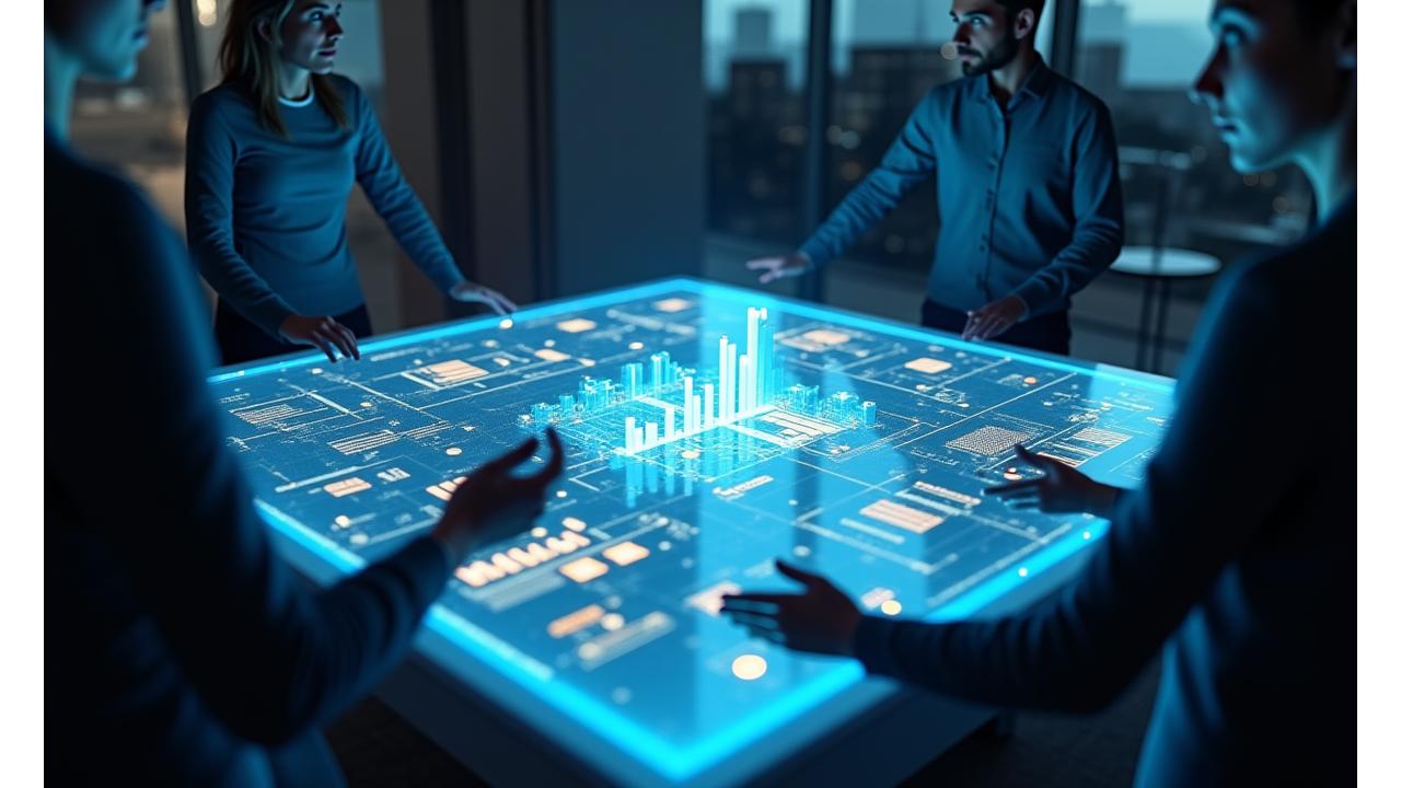 Bir masanın etrafında stratejik bir tartışma yürüten profesyonellerin modern bir ofis ortamında soyut bir temsili. Masada holografik grafikler, büyüme ve analiz eğilimleri gösteriyor. Odak, işbirliği ve veri odaklı karar verme üzerine.