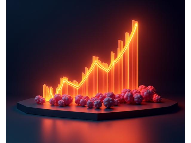 Yukarı doğru bir grafik ve büyüyen bir topluluğu simgeleyen soyut dijital figürler.